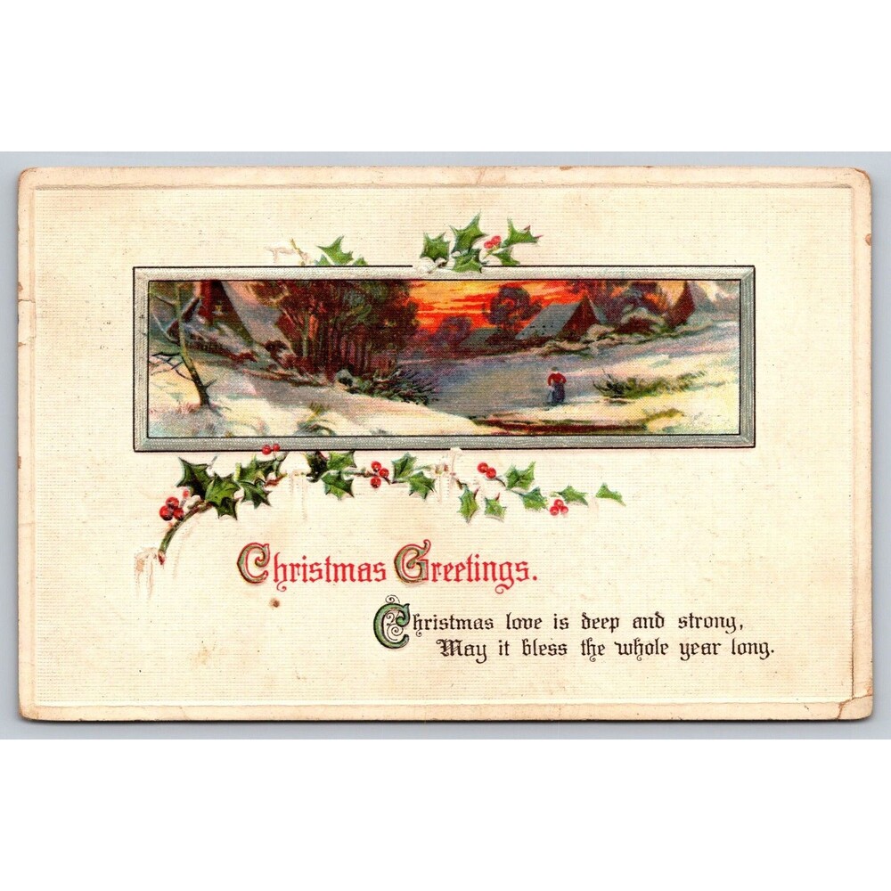 Antique Postcard Christmas Greeting Winter Snow Scene Holly Posted 1914 Embossed